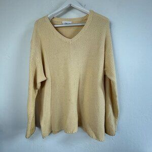 Bryn Walker Womens V-Neck Sweater Large Yellow 100% Cotton Relaxed Fit Pullover